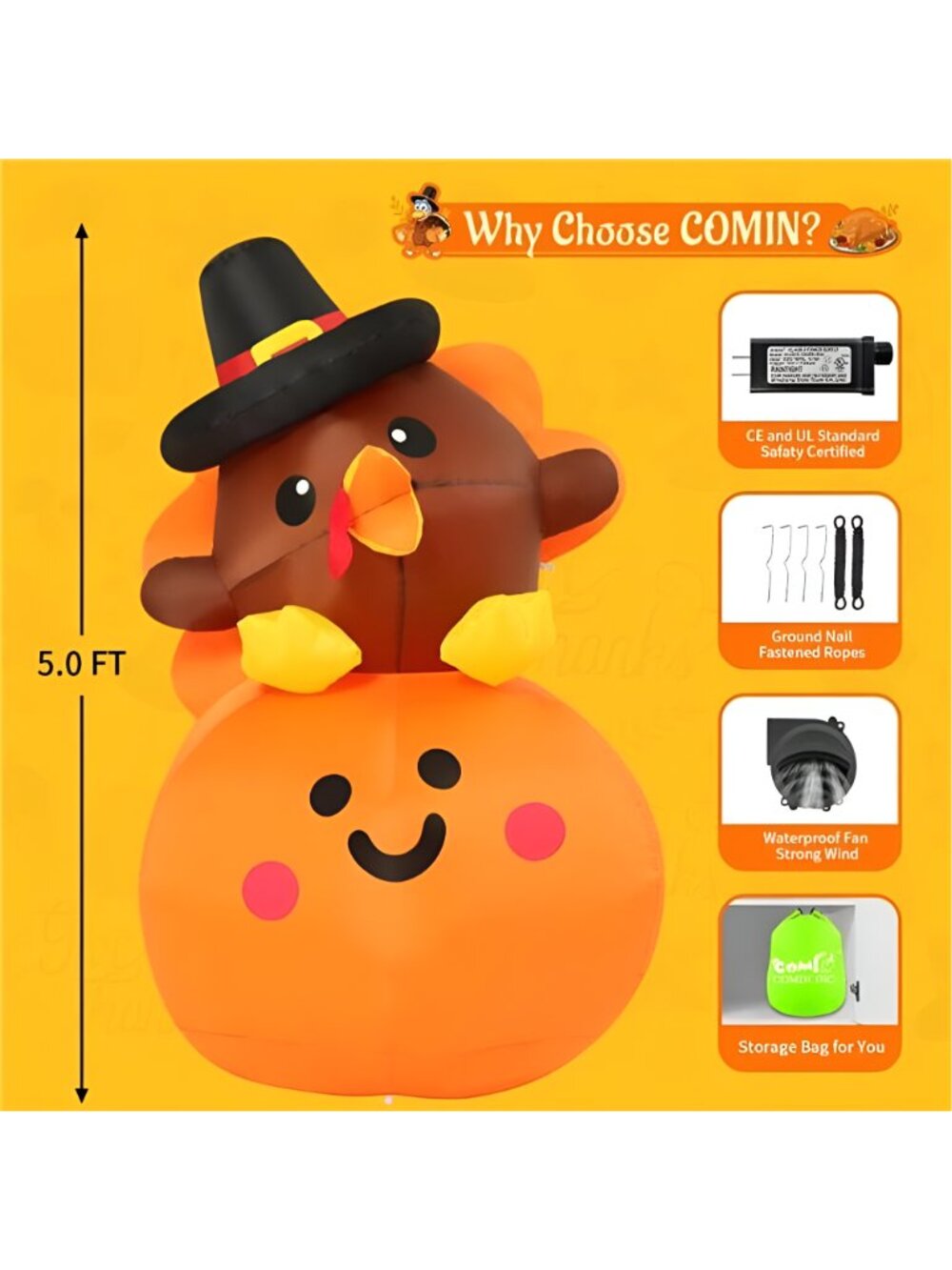 5FT Tall Thanksgiving Inflatables Turkey Baby on Pumpkin with Built-in - Picture 2 of 7